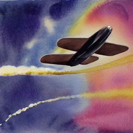 Prompt: Watercolour of wright brother airplane flying in space