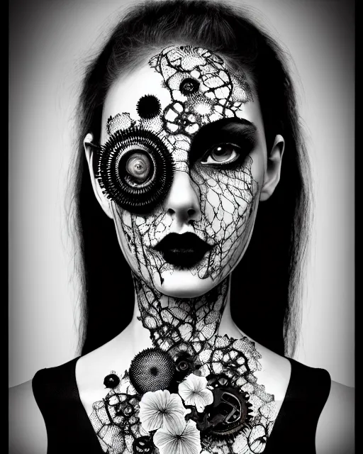 Image similar to black and white masterpiece profile portrait painting with no frame, one steampunk eye silver lace floral biomechanical beautiful young female cyborg, big monocular, volumetric light, hibiscus flowers, by hg giger, rim light, big gothic fashion pearl embroidered collar, 8 k