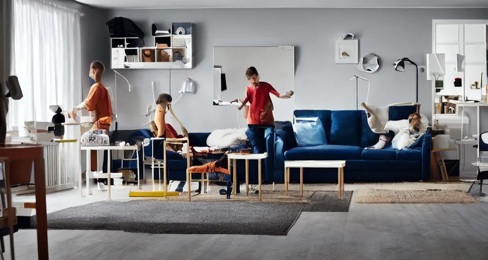 Image similar to IKEA catalogue photo of a living room, robots are tearing it apart, fire, flood, mirrors,