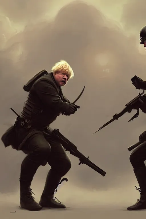 Prompt: aggressive Boris Johnson vs scared Putin, face to face, civil war style, highly detailed, digital painting, artstation, concept art, smooth, sharp focus, illustration, cinematic lighting, art by artgerm and greg rutkowski and alphonse mucha