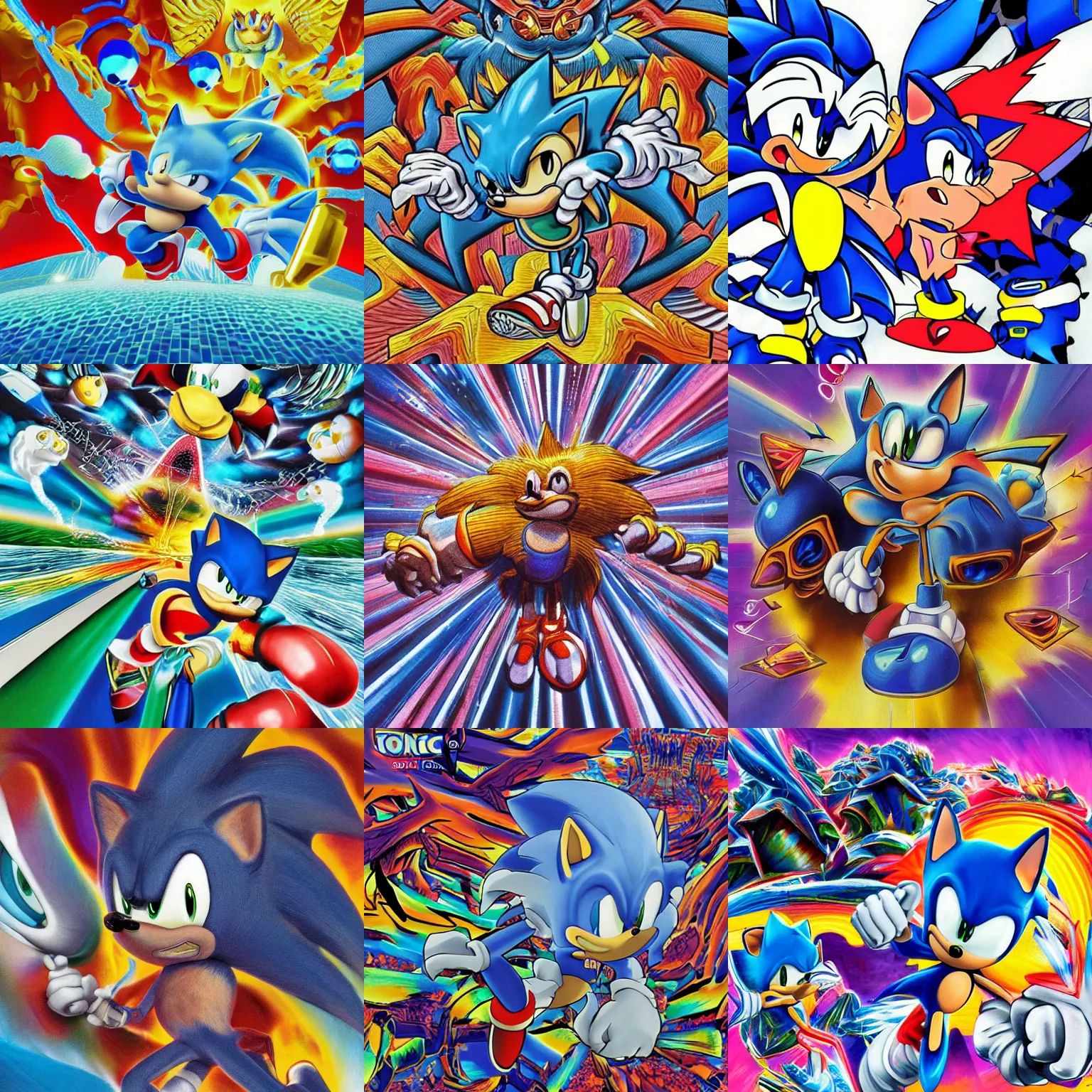 Prompt: sonic the hedgehog in a surreal, sharp, detailed professional, high quality airbrush art MGMT album cover of a chrome dissolving LSD DMT blue sonic the hedgehog surfing through cyberspace made of eyeballs, checkerboard horizon , 1990s 1992 Sega Genesis video game album cover