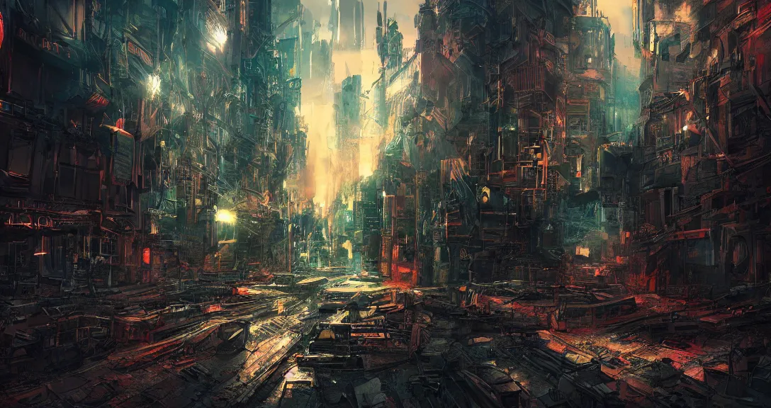 Image similar to tv color test pattern, dystopian city, dark, apocalyptic, intricate, detailed, volumetric lighting, scenery, digital painting, highly detailed, artstation, sharp focus, illustration, concept art