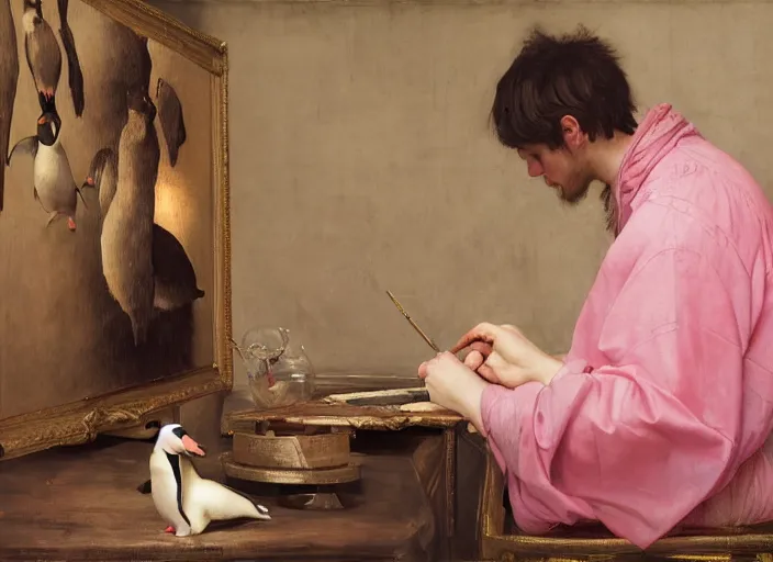 Image similar to a young painter in his studio painting a picture of a pink penguin, by edgar maxence and caravaggio and michael whelan and delacroix style, artistic, intricate drawing, cinematic lighting, hyper realistic, extremely detailed, establishing shot, 8 k resolution, dramatic lighting