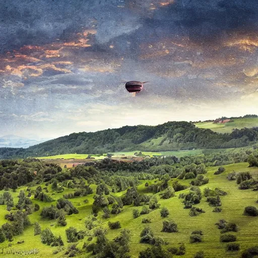 Image similar to Vast verdant empty flat valley surrounded by Transylvanian mountains. A huge zeppelin in the sky among dark clouds. A ruined medieval castle on the hillside in the background. No villages or buildings. Late evening light in the summer, gloomy weather. Hyperrealistic, high quality, sharp, highly detailed, petru bejan.
