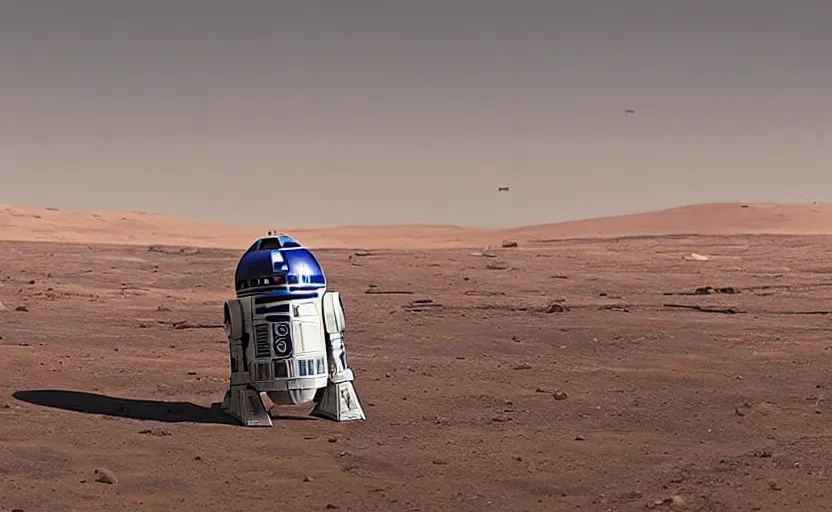 Prompt: a screenshot wide shot of astromech R2-D2 AT-AT land walkers, marching on a surreal red planet landscape, from The Last Jedi, iconic scene from the 1979 film directed by Stanley Kubrick, shot on anamorphic lenses, cinematography, 70mm film, lens flare, kodak color film stock, ektachrome, immensely detailed scene, 4k