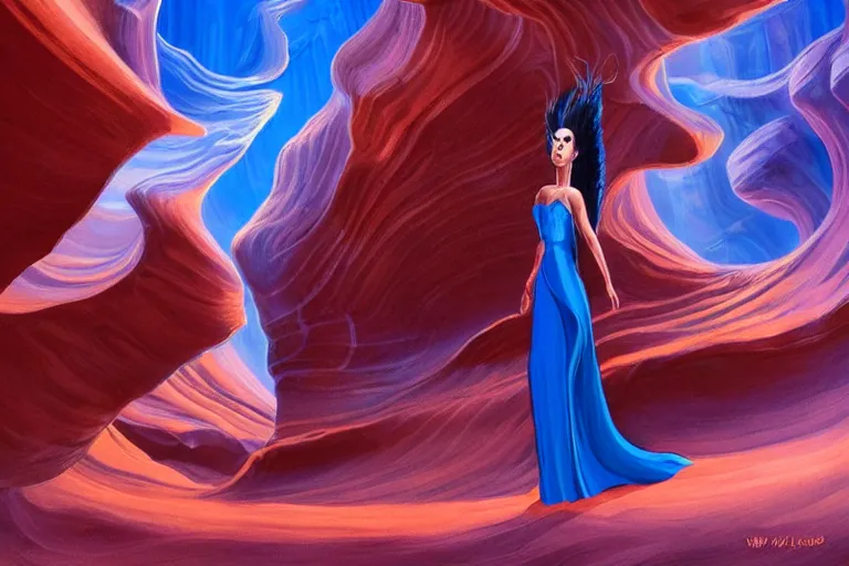 Prompt: futuristic female Goddess wearing luxurious royal blue suit relaxing at Antelope canyon, rocks formed by water erosion, walls made of beautiful smooth sandstone in unique shapes, light beams that shine through its walls, polish narrow slots of walls into a striated swirling finish, digital painting, concept art, smooth, sharp focus, from Star Trek 2021, illustration, by WLOP and Ruan Jia and Mandy Jurgens and William-Adolphe Bouguereau, Artgerm