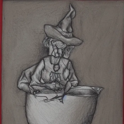 Image similar to An old wrinkled witch stirring her cauldron. Red chalk on paper mounted on board.