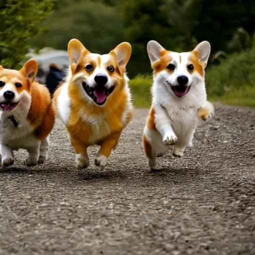 Prompt: corgi monster, children running away, forest