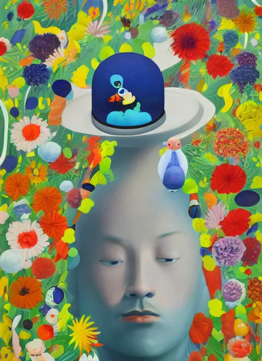 Image similar to a painting of a man with a strange hat on his head, a surrealist painting by Chiho Aoshima, behance contest winner, metaphysical painting, made of flowers, oil on canvas, detailed painting,