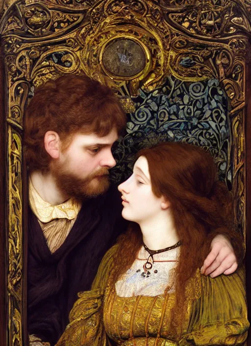 Prompt: masterpiece of intricately detailed preraphaelite photography couple portrait sat down, love, inside a beautiful underwater train, man long long hair beard wearing glasses, woman large lips eyes straight fringe, detailed realistic expressions, colourful unusual clothes yellow ochre, impressionistic crowd sat down in background by ford madox brown william powell frith frederic leighton john william waterhouse hildebrandt william morris