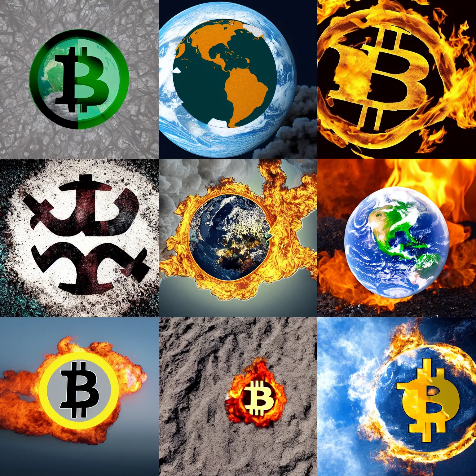 Prompt: earth burning as the bitcoin logo, pollution