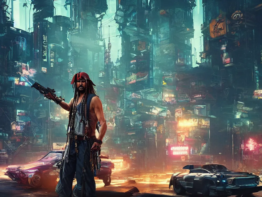 Prompt: jack sparrow in the game of cyberpunk 2 0 7 7, portrait, focus, 3 d illustration, sharp, intricate, poster, jack sparrow standing in front of the futuristic car, night city dystopian cyberpunk city in the background, holding a gun, photo, detailed photo, scene from blade runner
