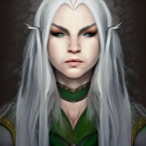 Prompt: portrait of a female half - elf gloura with white skin, white hair, white eyes, short wavy hair, gray spots on cheeks, trending on artstation, fantasy portrait