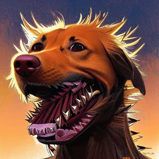 Image similar to orange and brown skinned dog with crazed eyes, and a strained toothy grin smile. has spiky long unwashed hair. he wears a metalic dog collar, smooth, sharp focus, illustration, art by artgerm and greg rutkowski and alphonse mucha