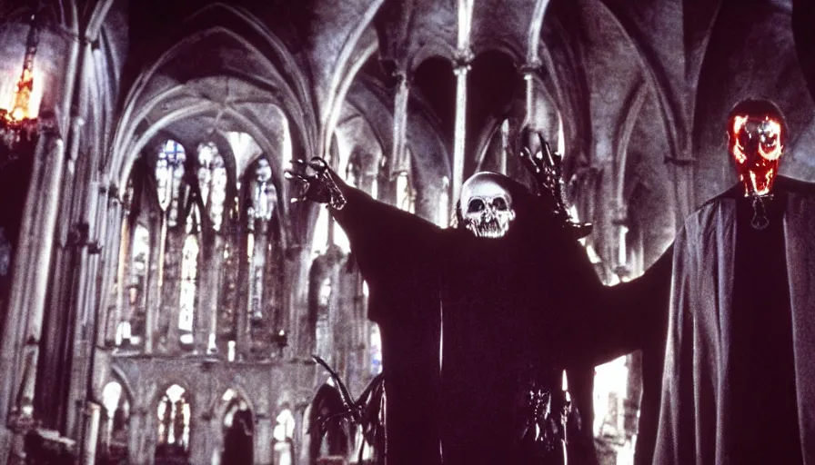 Image similar to 80s movie by James Cameron about a gothic techno-cathedral where a lavishly dressed necromancer priest raising a cyborg zombie from the grave