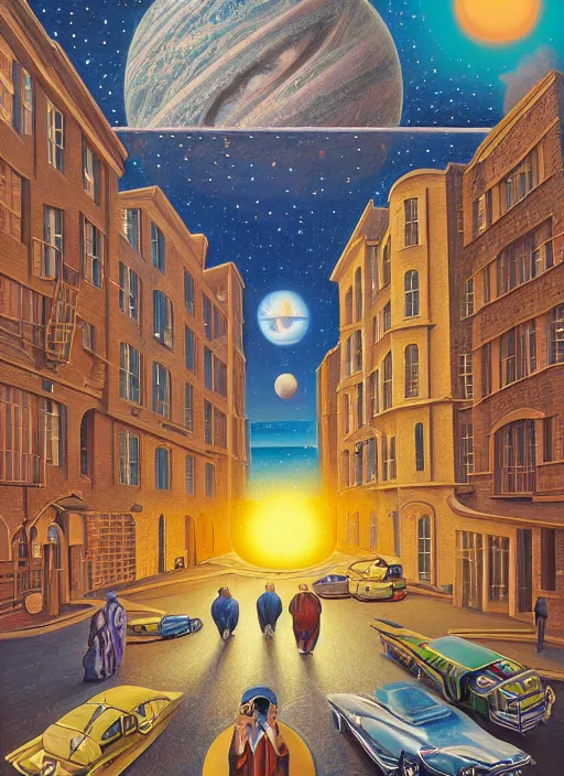 Image similar to the bronx meets the moons of jupiter, vintage shapes, retro technology, happy colors. rob gonsalves, oil on canvas, deep depth field, masterpiece, cinematic composition, hyperdetailed