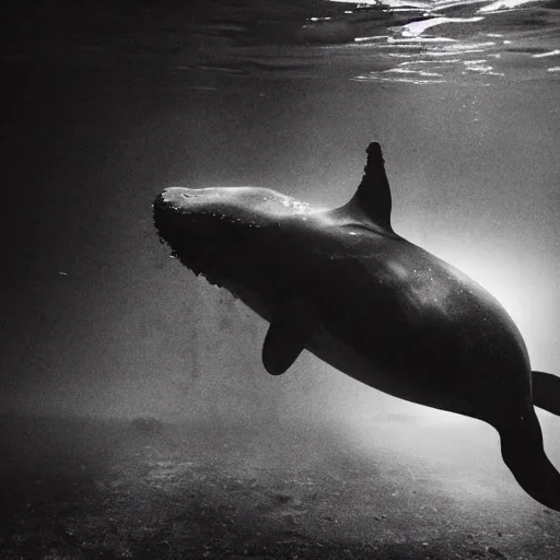 Image similar to underwater photo of a demonic whale in an abandoned aquarium, real life photography, horror, biological photo, fullbody, dynamic lighting, beautiful, scary