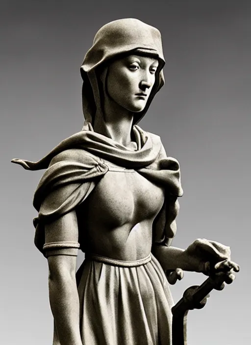 Image similar to a medieval female soldier, elegant, filigree renaissance sculpture from marble, brilliant symmetry, created by verrocchio andrea, leonardo da vinci, sandro botticelli, raffaelle monti, epic 7 0 mm lens shot, artstation trending, photorealism, sharp focus, smooth, establishing shot, sense of awe