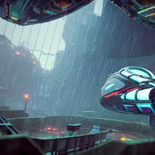 Image similar to abandoned neon spaceship as ingame shot of risk of rain 2, digital art, wet reflections, unreal engine 5, intricate details, fantasy, hyper realism, humongous view, rtx, smooth, cinematic