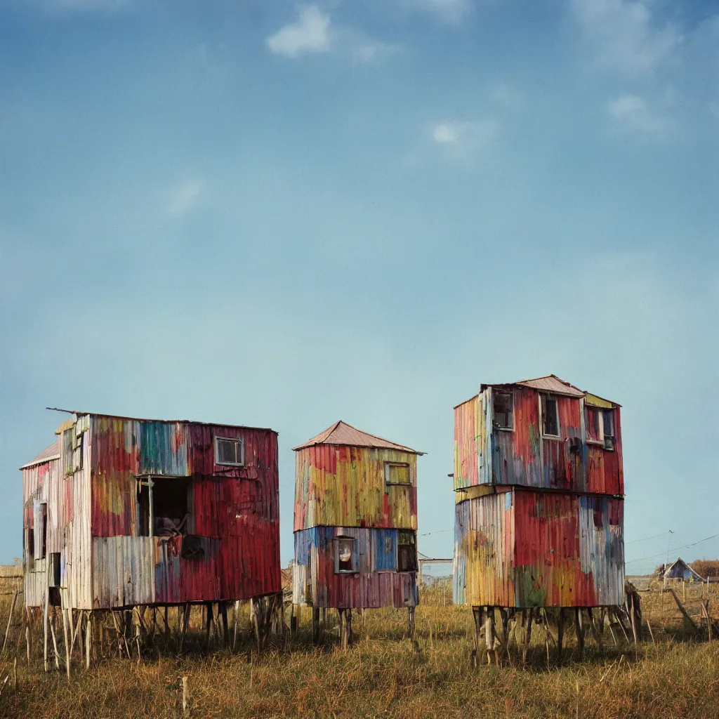 Image similar to two suspended towers made up of colourful makeshift squatter shacks with faded colours, plain uniform sky at the back, soft focus, mamiya rb 6 7, f 1. 8, photographed by uta barth