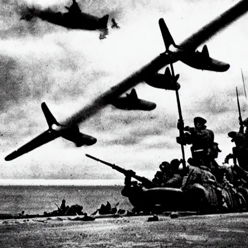 Image similar to shrek landing at d day, black and white world war 2 photograph historical