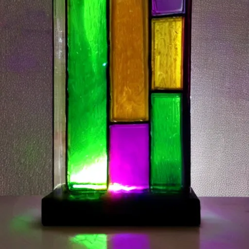 Prompt: glass sculpture, multi coloured, light shining through, gallery