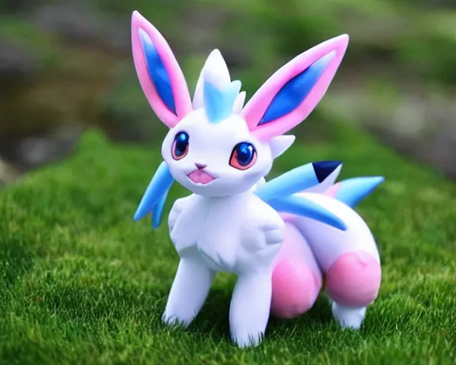 Image similar to real life sylveon pokemon, cute!!!, heroic!!!, adorable!!!, playful!!!, fluffly!!!, happy!!!, cheeky!!!, mischievous!!!, ultra realistic!!!, spring time, slight overcast weather, golden hour, sharp focus