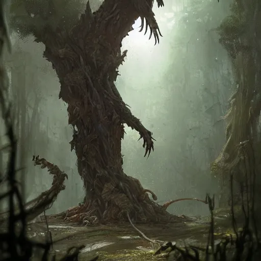 Image similar to a rat creature, in the shape of a ent, corpses and many rats around, by greg rutkowski, trending on art station, highly detailed, magic the gathering, matte painting