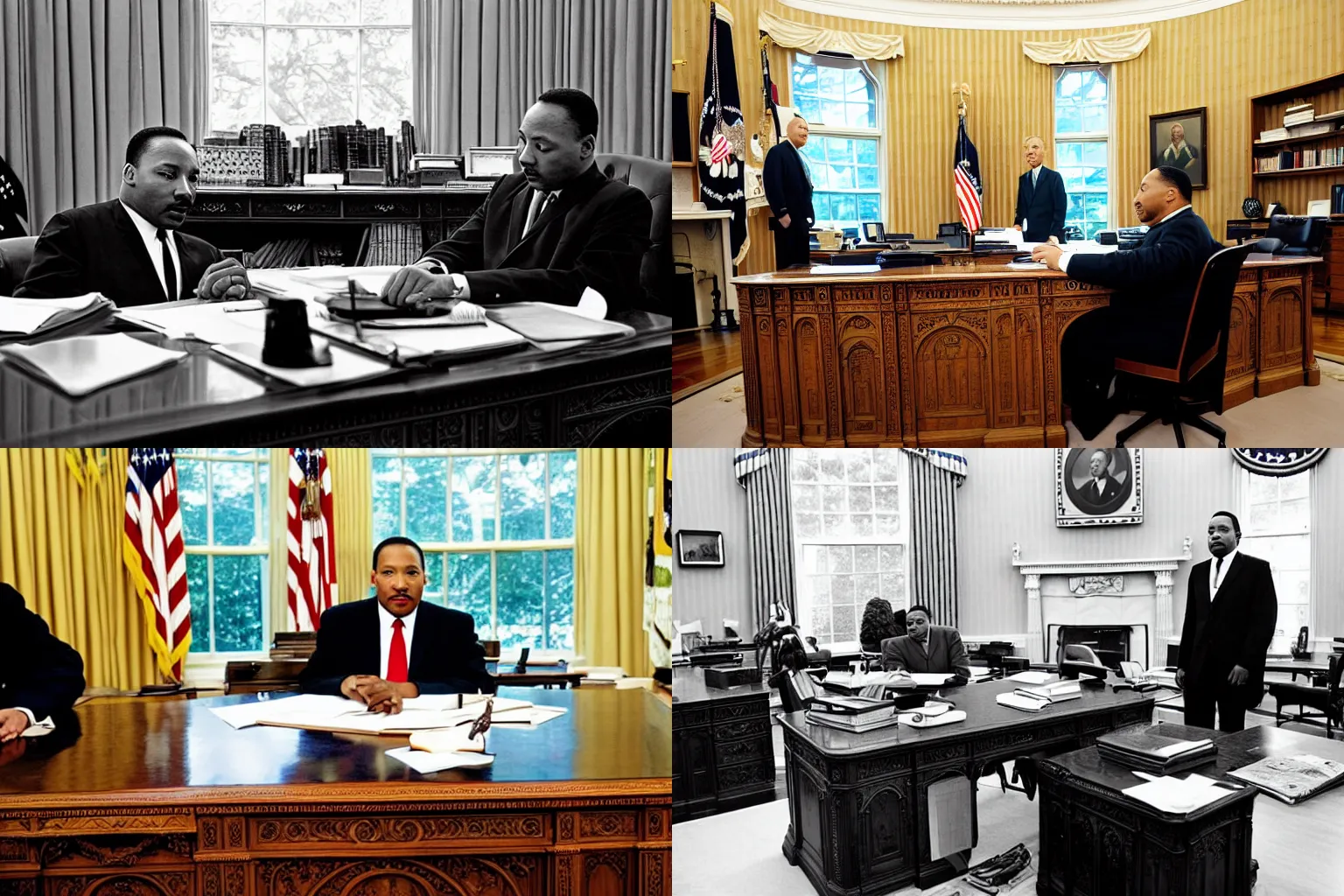 Prompt: professional modern 2010 photo of martin luther king jr working at the resolute desk in the white house wearing a suit and tie sitting in the oval office washington dc in background