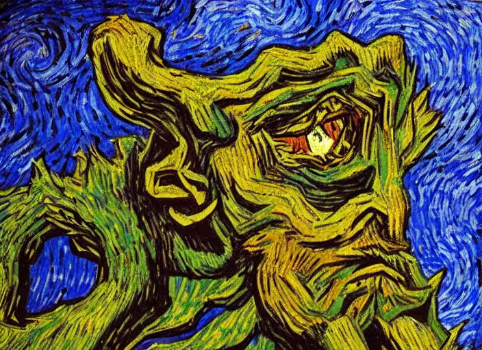 Prompt: giant monster in the style of vincent van gogh, dappled light, monstrous, gigantic