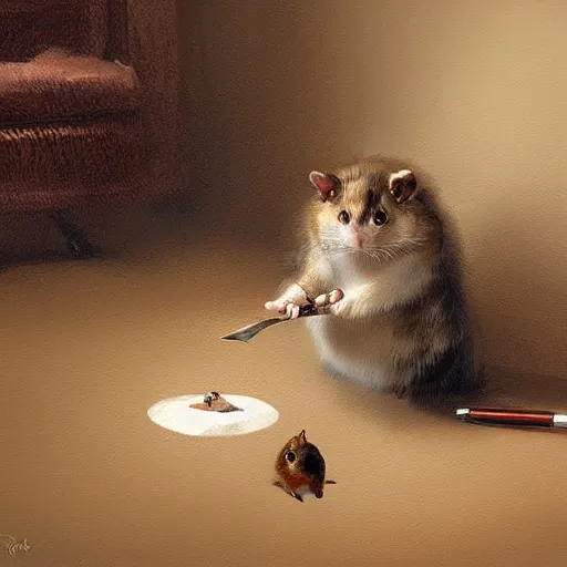 Image similar to a hamster killing a cat by greg rutkowski