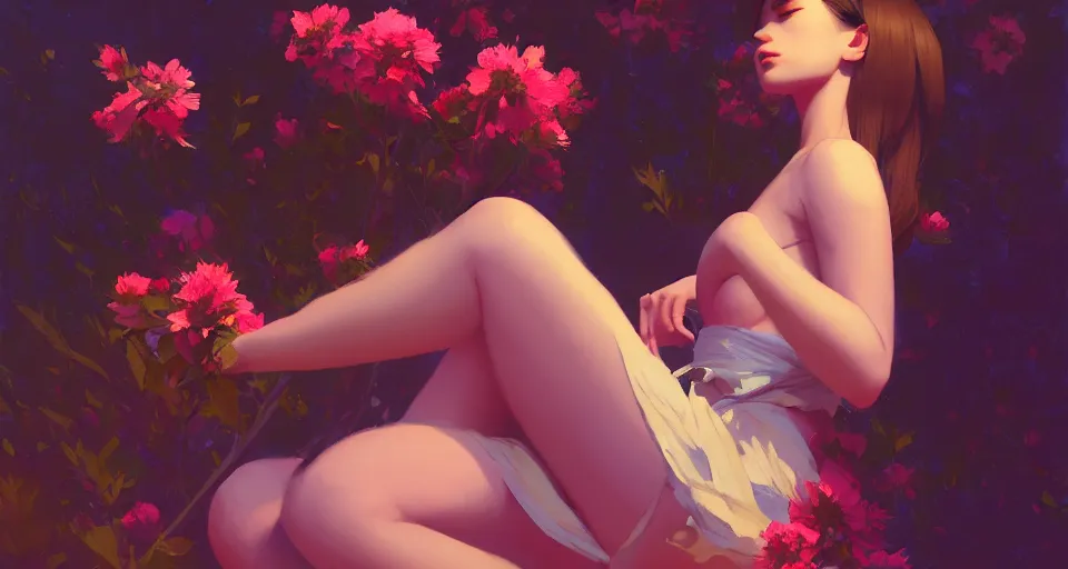 Prompt: a full - body female, with flowers inplace of clothes, night setting. realistic shaded lighting poster by ilya kuvshinov katsuhiro, magali villeneuve, artgerm, jeremy lipkin and michael garmash, rob rey and kentaro miura style, trending on art station pinhole photography