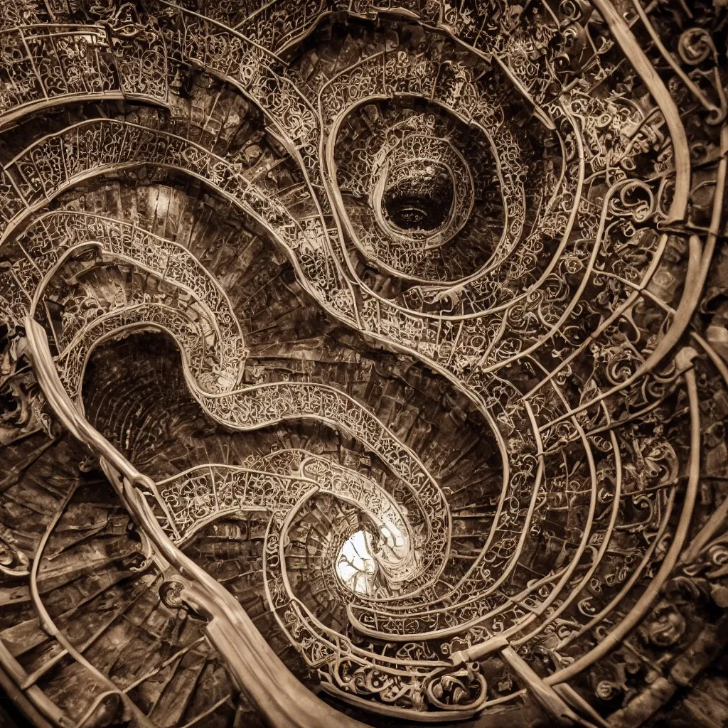 Prompt: movie still, grand spiral staircase going down deep in a dark hole, baroque, by etienne - louis boullee and gaudi, dramatic volumetric cinematic light, chiaroscuro, leica, high quality, high detailed, detailed patterns pop art