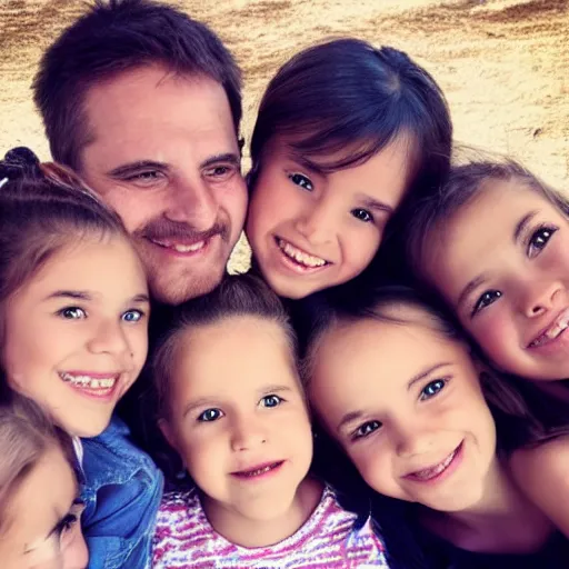 Prompt: photo of a father and his five daughters, very detailed faces, beautiful faces, perfect faces, high quality photograph, instagram