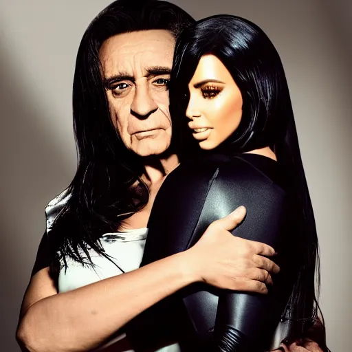 Prompt: johnny cash hugging kim kardashian, kim wearing a skintight nurse outfit, real photo, photoshooting, studio light, hospital background, intricate, epic lighting, cinematic composition, hyper realistic, 8k resolution, unreal engine 5
