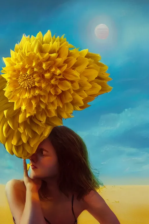 Image similar to closeup girl with huge yellow dahlia flower head, on beach, surreal photography, blue sky, sunrise, dramatic light, impressionist painting, digital painting, artstation, simon stalenhag