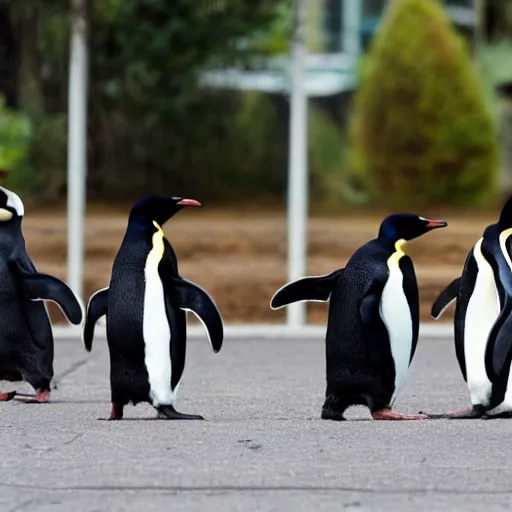 Image similar to A photo of a mafia meeting between penguins wearing pinstripe suits