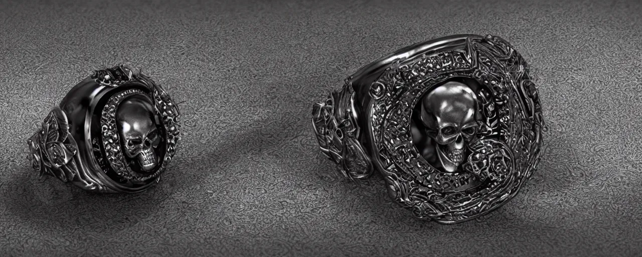 Prompt: simple magic ring of poison, ring, skull, wax, black, smooth shank, crystals, engravings, product design, jewelry, art by gerald brom, greg rutkowski and artgerm and james jean, photo realism, unreal engine, c 4 d