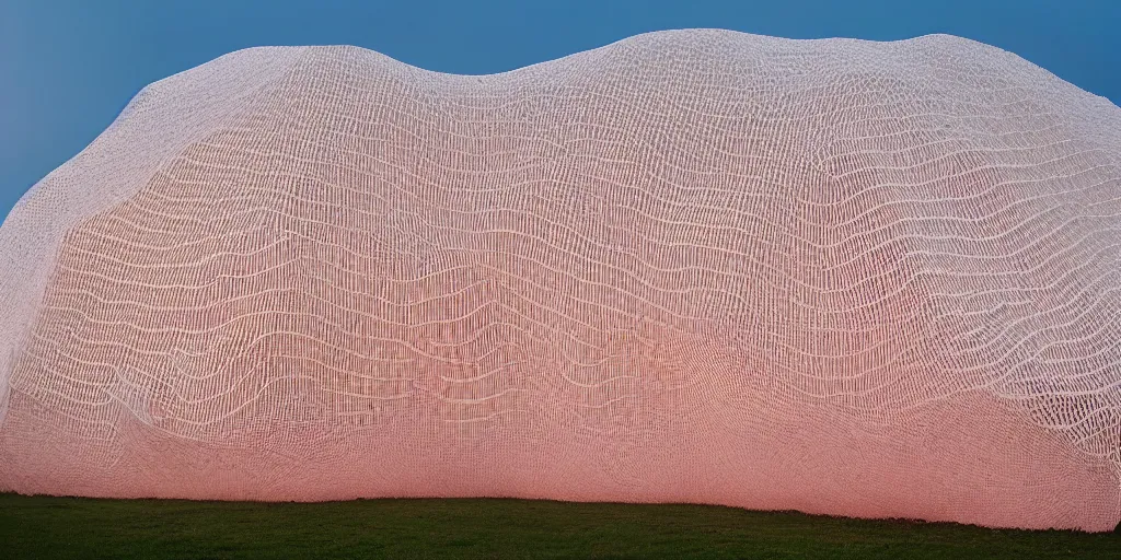 Image similar to white honeycomb organic building by ernesto neto sits on the field in low fog, light - mint with light - pink color, 4 k, insanely quality, highly detailed, film still from the movie directed by denis villeneuve with art direction by zdzisław beksinski, telephoto lens, shallow depth of field