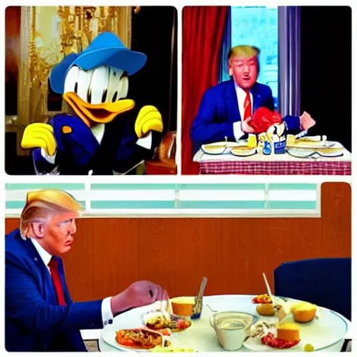 Image similar to donald trump eating lunch with donald duck