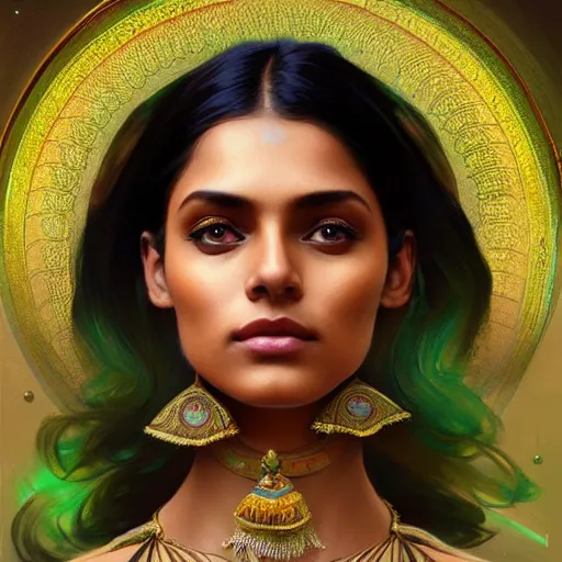 Image similar to Portrait of very very very very very very beautiful Indian woman, spacesuit, green eyes, intricate, elegant, highly detailed, digital painting, artstation, concept art, smooth, sharp focus, illustration, art by artgerm and greg rutkowski and alphonse mucha