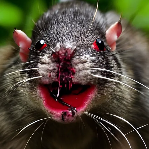 Prompt: angry, drooling, rabies infected rat with glowing red eyes and patchy, diseased skin, dirty yellow teeth splattered with blood. It's about to attack.