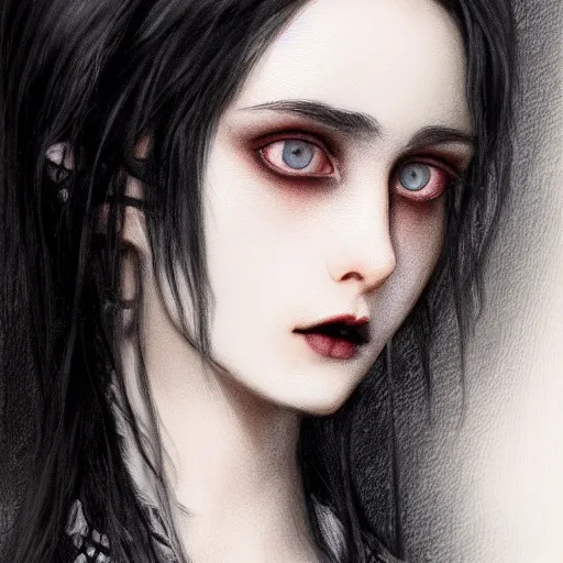 Image similar to english teenage girl with black hair, china blue eyes, pale glowing skin, beautiful sinister features, no makeup, elegant fashion model, gothic beauty, wuthering heights, fantasy, intricate, elegant, dress shirt and tie, highly detailed, digital painting, artstation, concept art, smooth, sharp focus, illustration, art by Krenz Cushart and Artem Demura and alphonse mucha