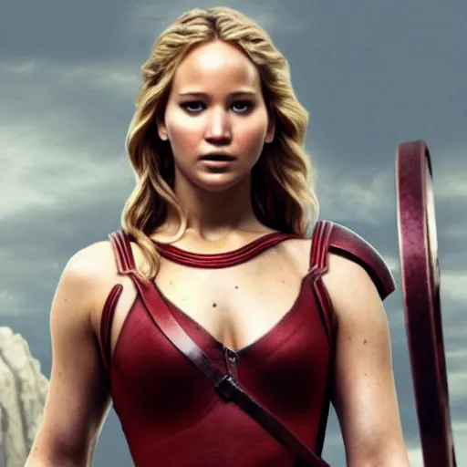 Image similar to first photos of 2 0 2 4 female 3 0 0 remake - jennifer lawrence as leonidas, put on 1 0 0 pounds of muscle, steroids, hgh, ( eos 5 ds r, iso 1 0 0, f / 8, 1 / 1 2 5, 8 4 mm, postprocessed, crisp face, facial features )