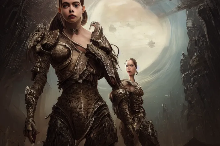 Image similar to a professional portrait of a beautiful young female, clothed in ethereal battle armor, olive skin, long dark hair, beautiful bone structure, symmetrical facial features, vast landscape in the background, intricate, elegant, digital painting, concept art, smooth, sharp focus, finely detailed, illustration, from Valerian and the City of a Thousand Planets, in the style of Ruan Jia and Mandy Jurgens and Artgerm and Greg Rutkowski and William-Adolphe Bouguerea