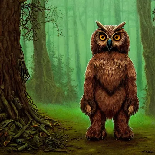 Prompt: three quarter portrait of an owlbear in the forest, d & d, fantasy, michael whelan,