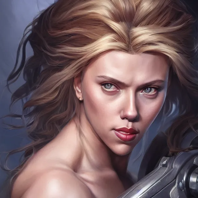 Prompt: detailed portrait of scarlett johansson as a female bodybuilder brigitte from overwatch, attractive, beautiful, fantasy, intricate, elegant, highly detailed, digital painting, artstation, concept art, matte, sharp focus, illustration, art by aenaluck, artgerm and roberto ferri and greg rutkowski, epic fantasy, digital painting