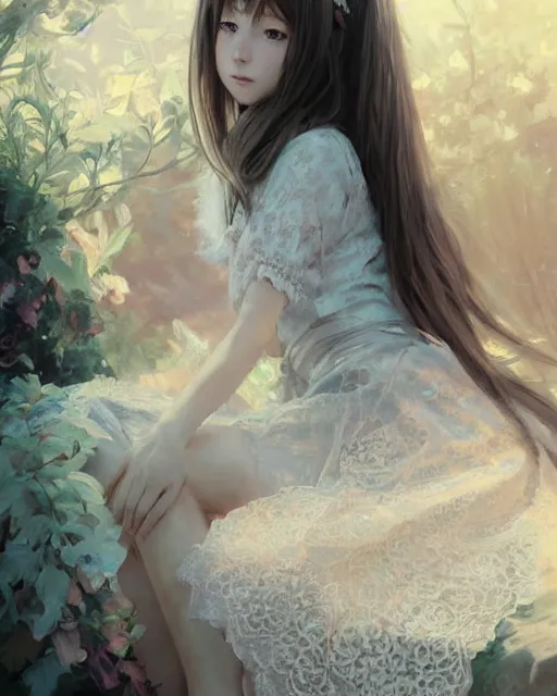 Image similar to aerith gainsborough in lace skirt, portrait, illustration, rim light, top light, perfectly shaded, soft painting, art by krenz cushart and wenjun lin