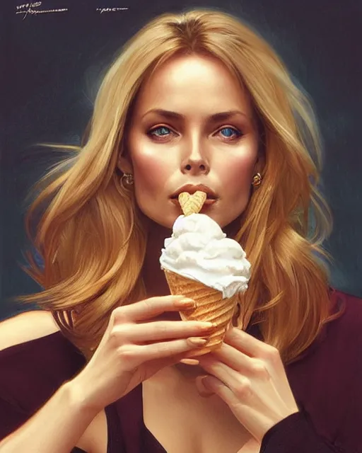 Image similar to portrait of a blonde barbara bach from the bond film eating ice creams in porto, real life skin, intricate, elegant, highly detailed, artstation, concept art, smooth, sharp focus, art by artgerm and greg rutkowski and alphonse mucha