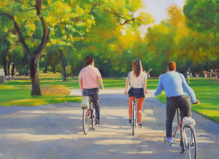 Prompt: a couple on bicycles in the park painting